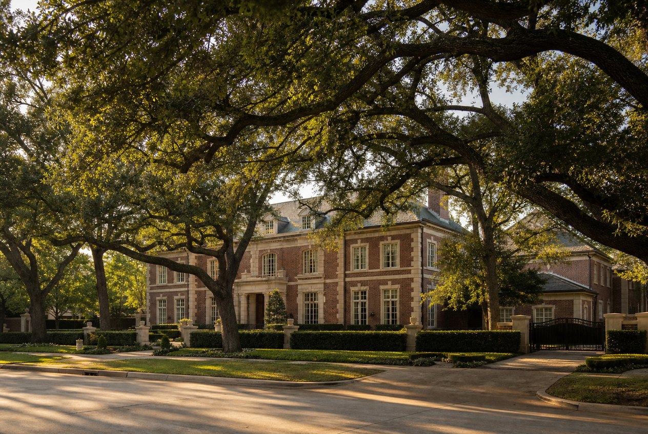 Tree lined street of traditional brick estates in the Park Cities, Dallas, at golden hour