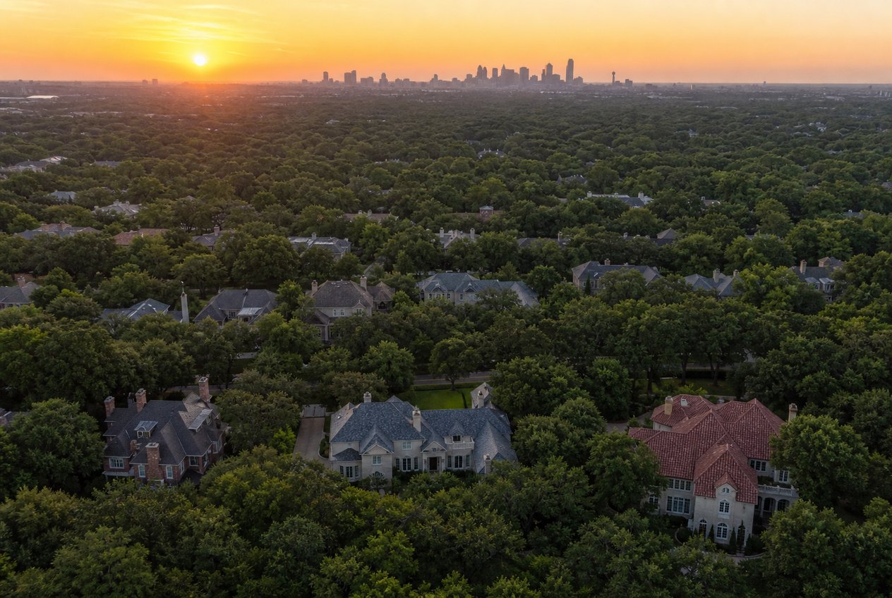 Aerial view over the tree canopy of an affluent Dallas neighborhood at sunset