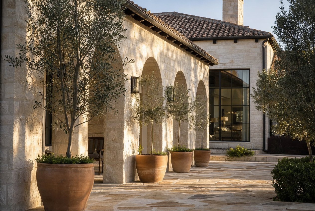Sunlit courtyard entry of a Texas limestone home