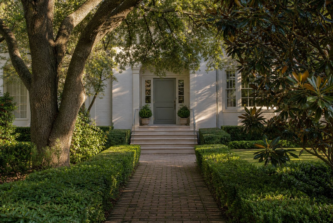 Front walk of a Park Cities home in Dallas in soft morning light